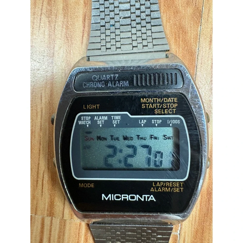 Vintage Micronta Radio Shack Digital Watch Silver Tone Quartz Chrono Alarm LCD